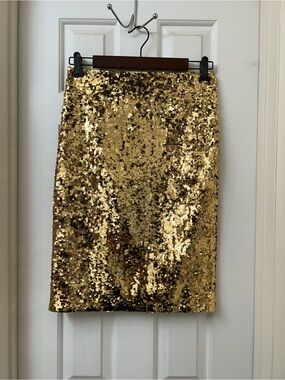 Alice + Olivia Gold Sequin Mesh Knee Length A-Line Skirt Zip Closure Size 4